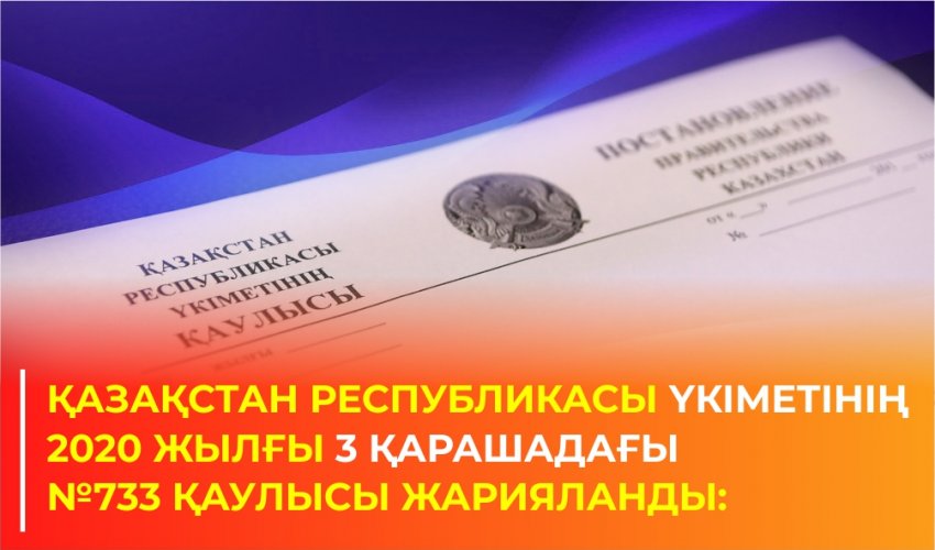 Қазақстан Республикасы Үкіметінің 2020 жылғы 3 қарашадағы №733 Қаулысы Жарияланды: