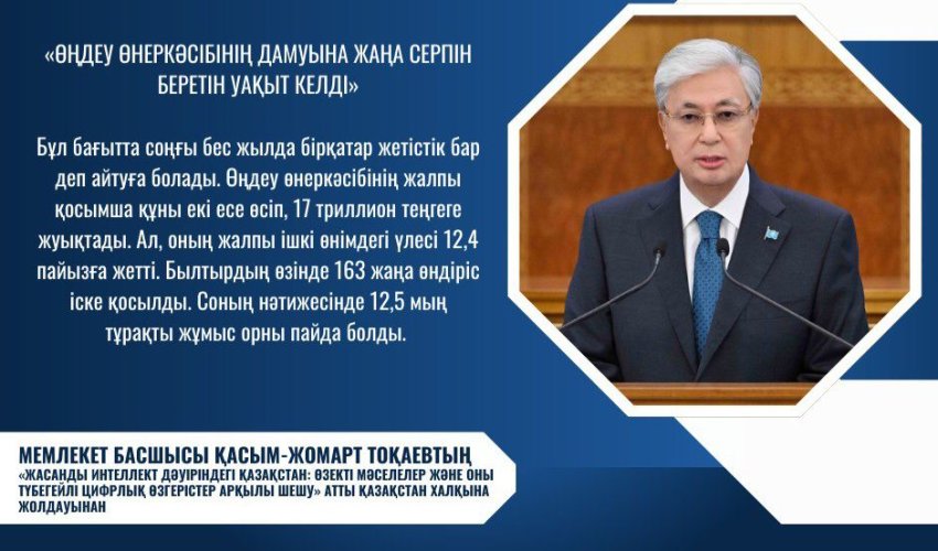 ҚАСЫМ-ЖОМАРТ ТОҚАЕВ: «ӨҢДЕУ ӨНЕРКӘСІБІНІҢ ДАМУЫНА ЖАҢА СЕРПІН БЕРЕТІН УАҚЫТ КЕЛДІ»