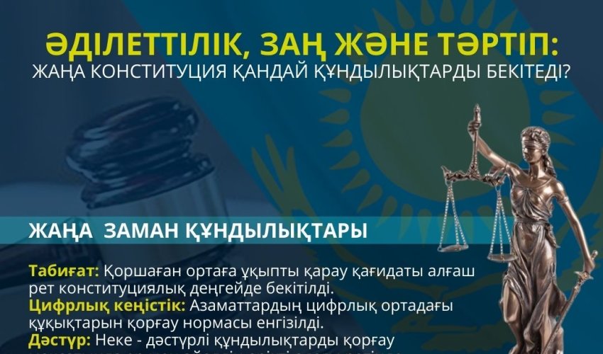 ӘДІЛЕТТІЛІК, ЗАҢ ЖӘНЕ ТӘРТІП: ЖАҢА КОНСТИТУЦИЯ ҚАНДАЙ ҚҰНДЫЛЫҚТАРДЫ БЕКІТЕДІ?