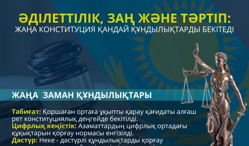 ӘДІЛЕТТІЛІК, ЗАҢ ЖӘНЕ ТӘРТІП – ЖАҢА КОНСТИТУЦИЯНЫҢ НЕГІЗГІ ҚҰНДЫЛЫҚТАРЫ
